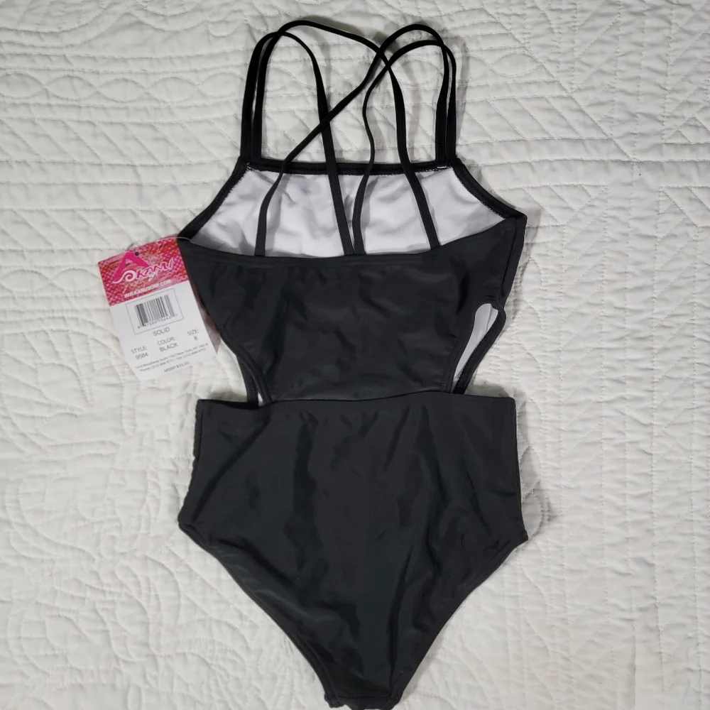 Girls Black Crisscross Cut Out One Piece Bathingsuit / Swimsuit
